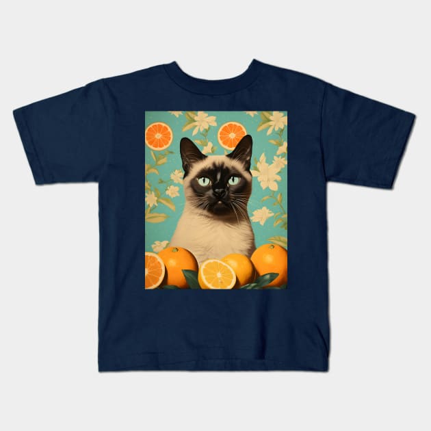 Retro Kitsch Siamese Cat and Citrus Fruit Collage Kids T-Shirt by KittyStampedeCo